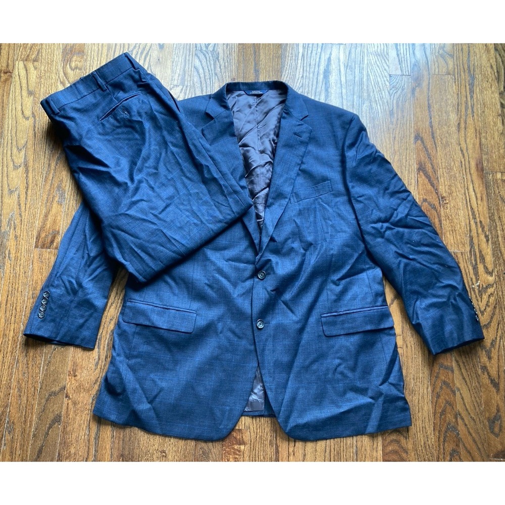 Brooks Brothers Suit Mens 48R 43x28 Navy Blue Windowpane Wool 1818 Madison USA